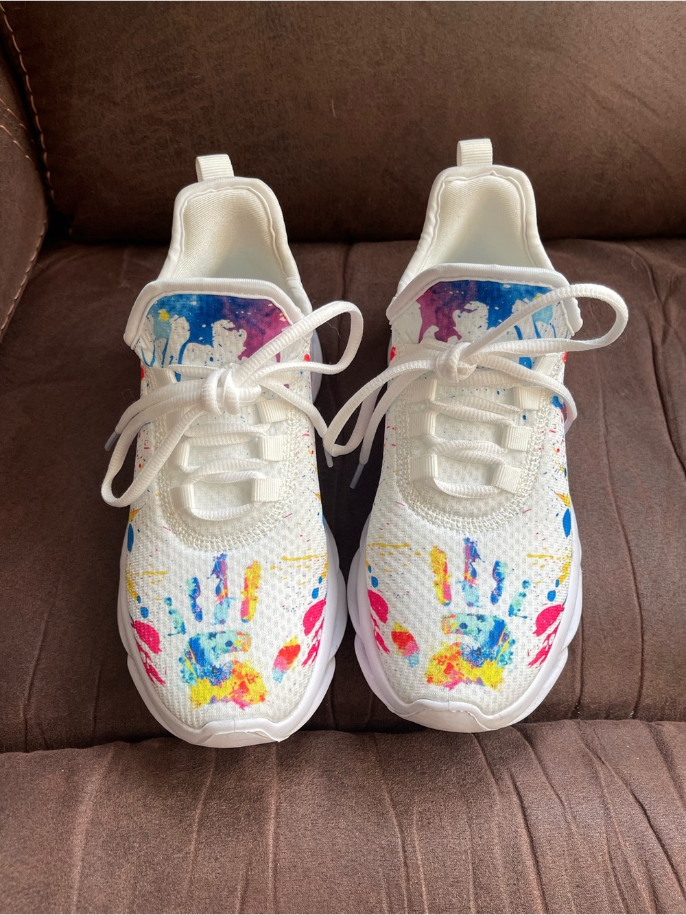 Adult White Sneakers with Colorful Handprint Design
